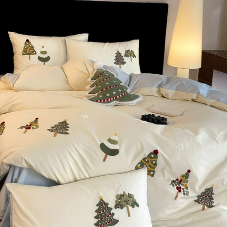 Christmas Tree Embroidery Cotton Four-piece Duvet Set