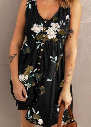 Double Take Printed Scoop Neck Sleeveless Buttoned Magic Dress with Pockets - MimiStylez