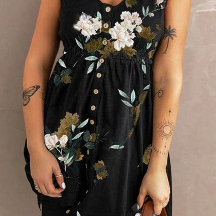 Double Take Printed Scoop Neck Sleeveless Buttoned Magic Dress with Pockets - MimiStylez