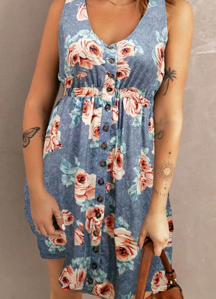 Double Take Printed Scoop Neck Sleeveless Buttoned Magic Dress with Pockets - MimiStylez