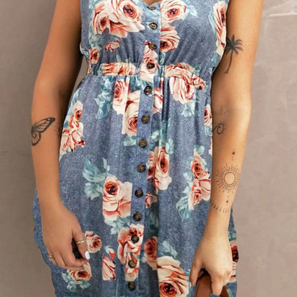 Double Take Printed Scoop Neck Sleeveless Buttoned Magic Dress with Pockets - MimiStylez