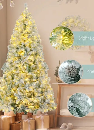 6FT Snow Flocked Christmas Tree  Pre Lit Set With Tree Garland & Wreath, Artificial Hinged Xmas Tree With Colorful LED Lights8 Lighting Modes, Pine Cones