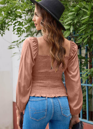 Smocked Square Neck Long Sleeve Blouse - MimiStylez