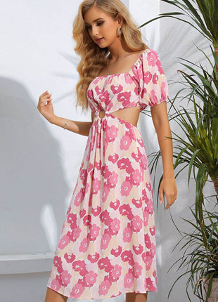 Floral Cutout Square Neck Puff Sleeve Dress - MimiStylez