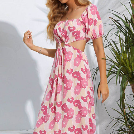 Floral Cutout Square Neck Puff Sleeve Dress - MimiStylez