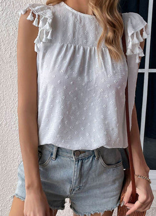 Swiss Dot Tassel Detail Round Neck Blouse - MimiStylez