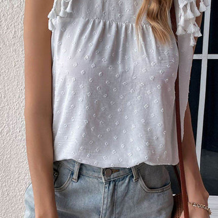 Swiss Dot Tassel Detail Round Neck Blouse - MimiStylez