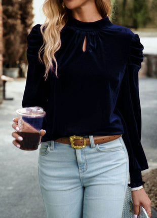 Tie Up Mock Neck Velvet Fabric Long Sleeve Blouse - MimiStylez