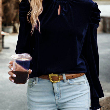 Tie Up Mock Neck Velvet Fabric Long Sleeve Blouse - MimiStylez