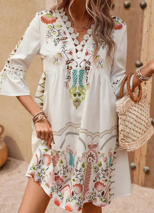 Lace Detail Printed Three-Quarter Sleeve Dress - MimiStylez