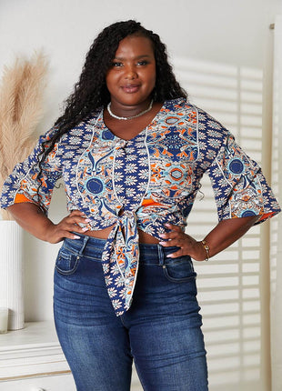 Tie Hem V-Neck Three-Quarter Sleeve Blouse - MimiStylez