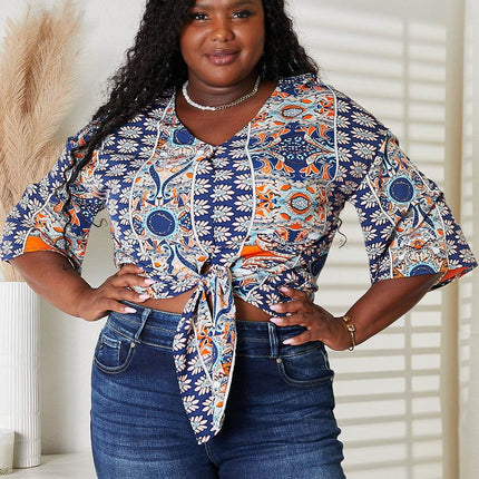 Tie Hem V-Neck Three-Quarter Sleeve Blouse - MimiStylez