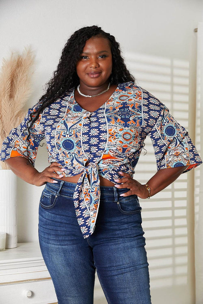 Tie Hem V-Neck Three-Quarter Sleeve Blouse - MimiStylez