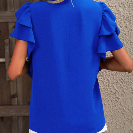 Ruffled Notched Short Sleeve Blouse - MimiStylez