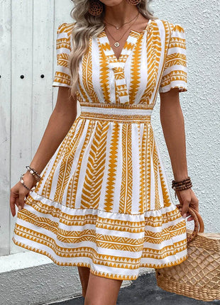 Perfee Geometric Notched Short Sleeve Mini Dress - MimiStylez