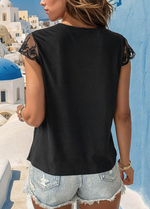 Lace Trim Cap Sleeve Blouse - MimiStylez