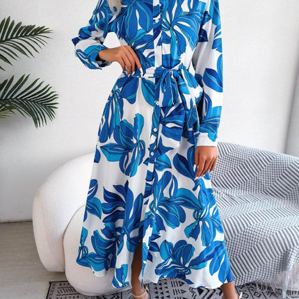 Tied Button Up Long Sleeve Dress - MimiStylez
