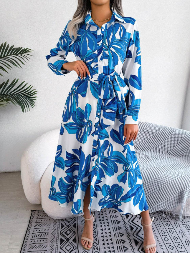 Tied Button Up Long Sleeve Dress - MimiStylez