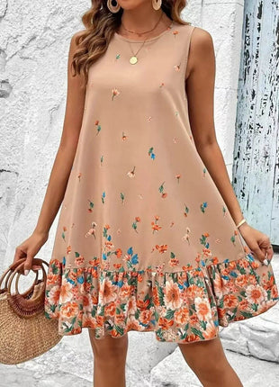 Ruffled Hem Floral Sleeveless Mini Tank Dress - MimiStylez
