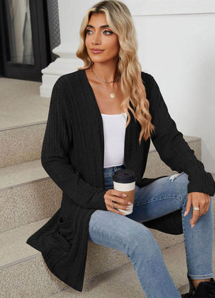 Pocketed Open Front Long Sleeve Cardigan - MimiStylez