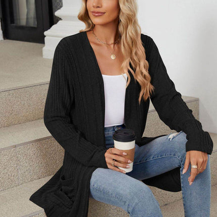 Pocketed Open Front Long Sleeve Cardigan - MimiStylez