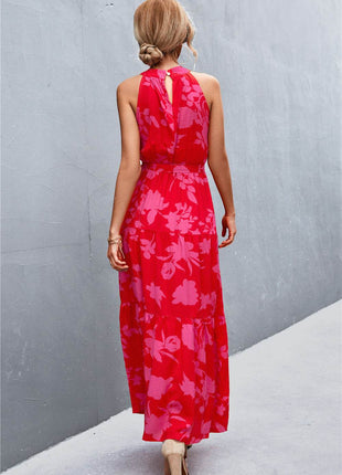 Printed Sleeveless Tie Waist Maxi Dress - MimiStylez