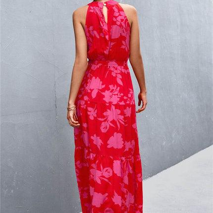Printed Sleeveless Tie Waist Maxi Dress - MimiStylez