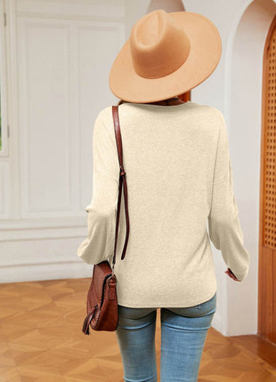 Contrast V-Neck Long Sleeve Blouse - MimiStylez