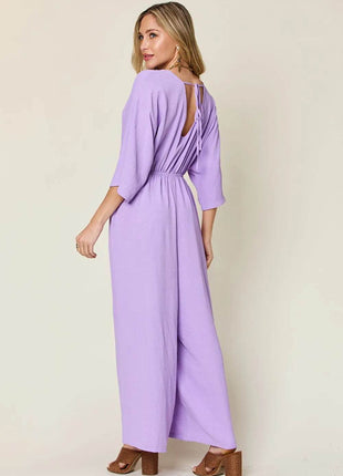 Double Take Full Size Surplice Wide Leg Jumpsuit with Pockets - MimiStylez