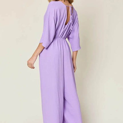 Double Take Full Size Surplice Wide Leg Jumpsuit with Pockets - MimiStylez