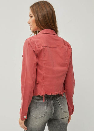RISEN Raw Hem Button Up Cropped Denim Jacket - MimiStylez