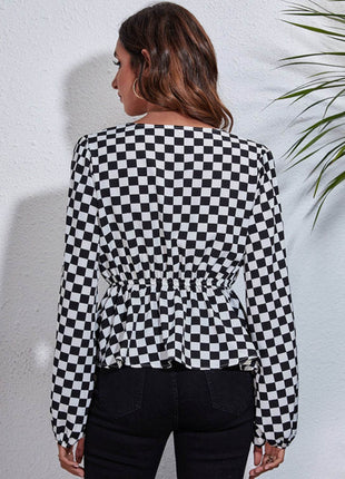 Checkered V-Neck Balloon Sleeve Peplum Blouse - MimiStylez