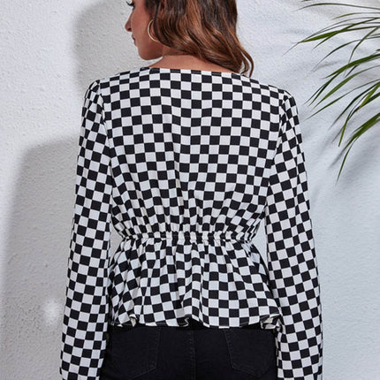Checkered V-Neck Balloon Sleeve Peplum Blouse - MimiStylez