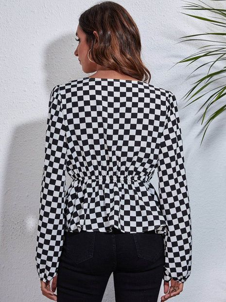 Checkered V-Neck Balloon Sleeve Peplum Blouse - MimiStylez