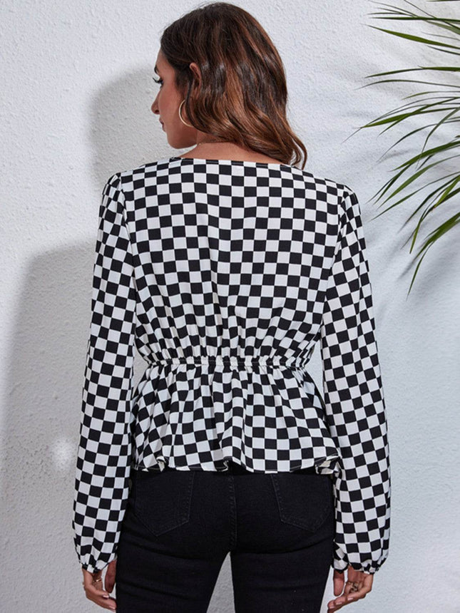 Checkered V-Neck Balloon Sleeve Peplum Blouse - MimiStylez