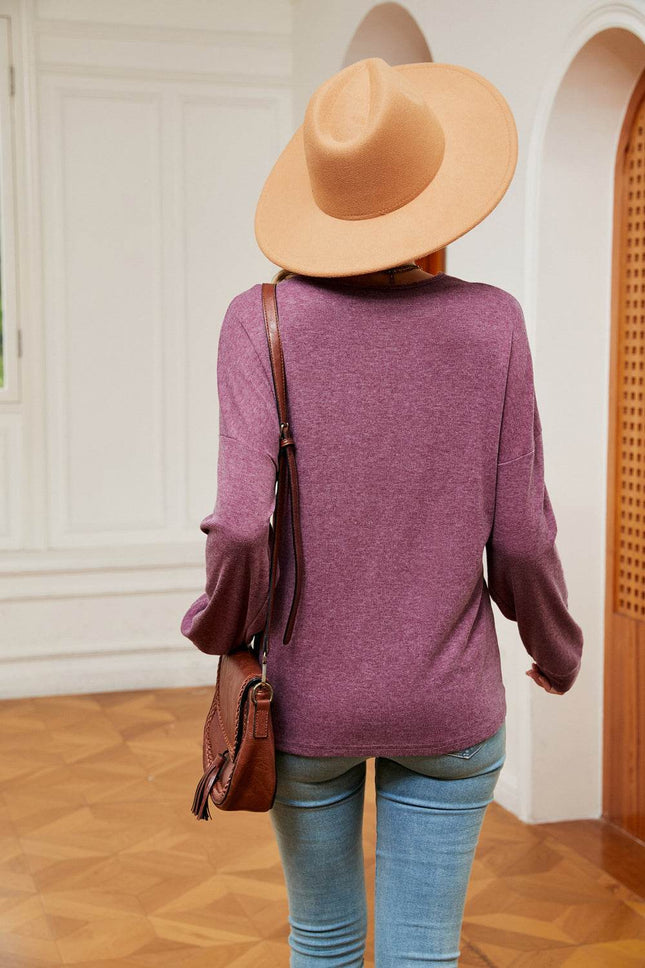 Contrast V-Neck Long Sleeve Blouse - MimiStylez