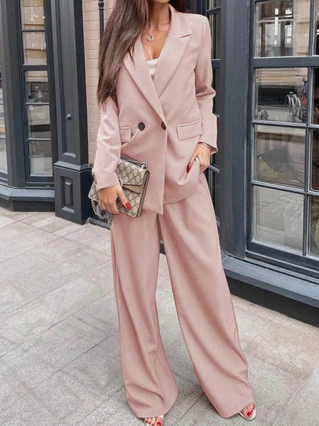 Buttoned Lapel Collar Long Sleeve Blazer and Pants Set - MimiStylez