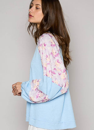 POL Round Neck Balloon Floral Long Sleeve Top - MimiStylez