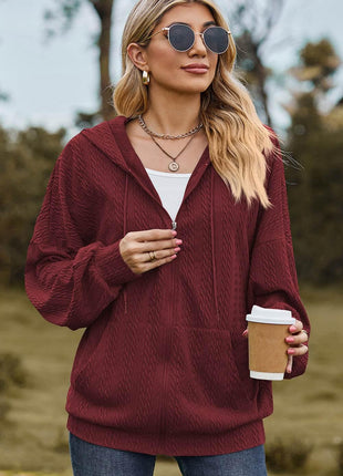 Drawstring Zip Up Dropped Shoulder Hoodie - MimiStylez