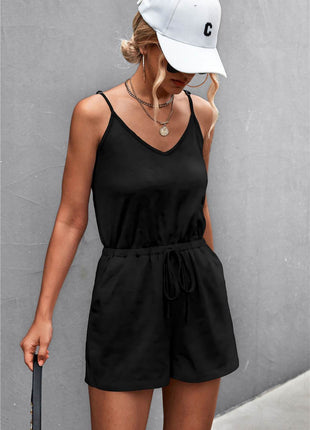 Spaghetti Strap V-Neck Pocket Romper - MimiStylez