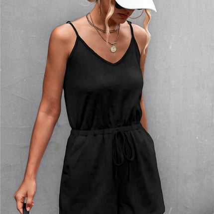 Spaghetti Strap V-Neck Pocket Romper - MimiStylez