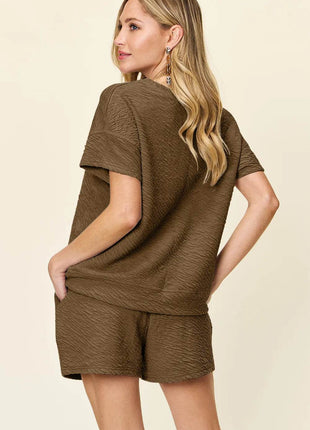 Double Take Full Size Texture Short Sleeve T-Shirt and Drawstring Shorts Set - MimiStylez