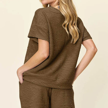 Double Take Full Size Texture Short Sleeve T-Shirt and Drawstring Shorts Set - MimiStylez