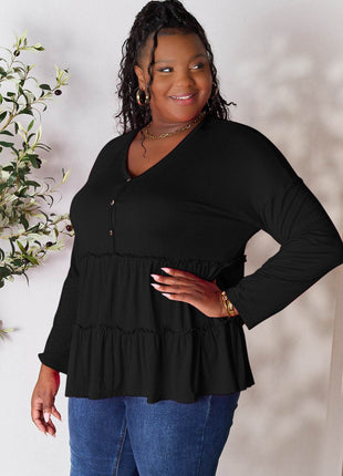 Double Take Half Button Long Sleeve Ruffle Hem Blouse - MimiStylez