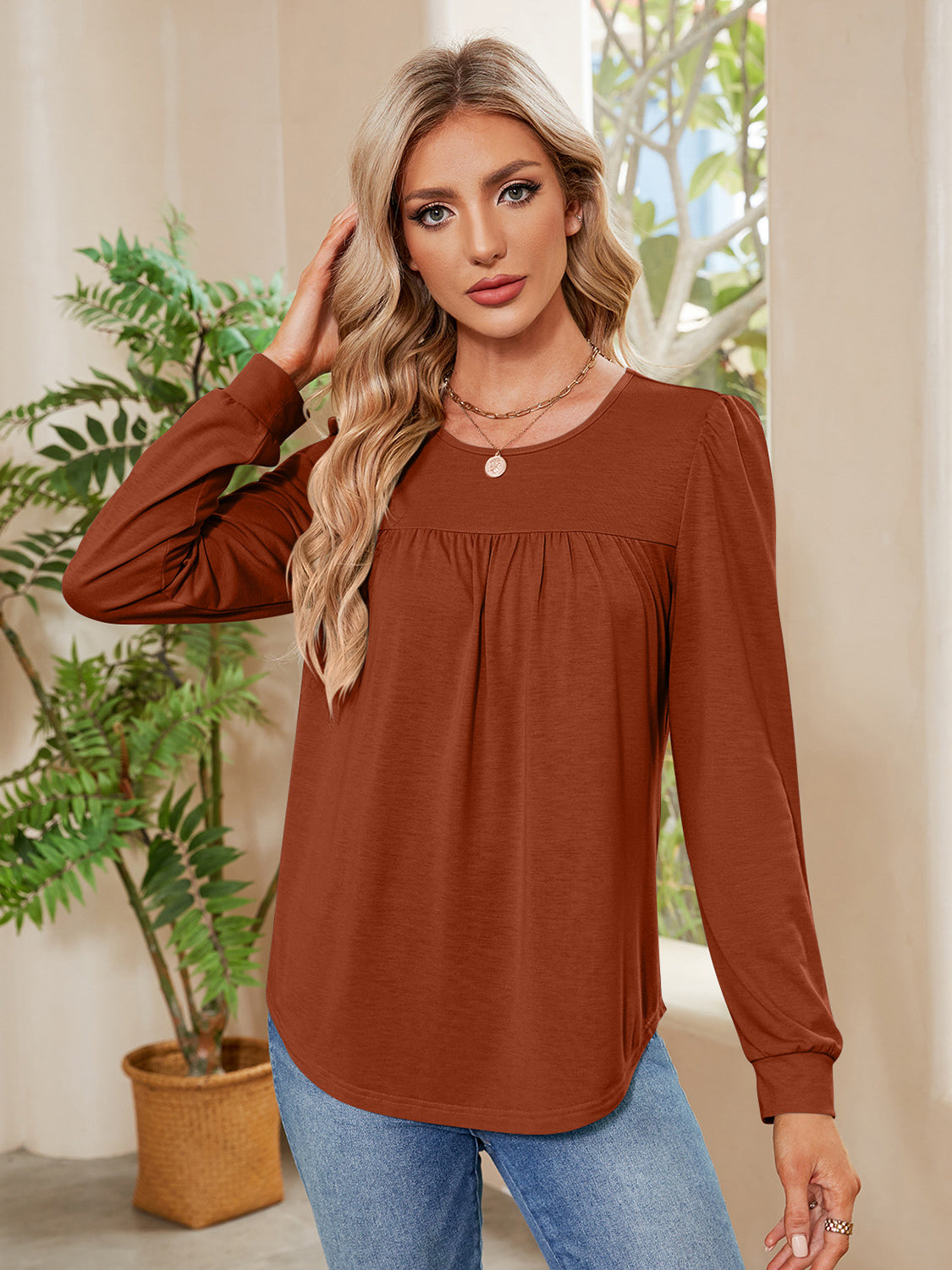 Ruched Round Neck Long Sleeve Blouse