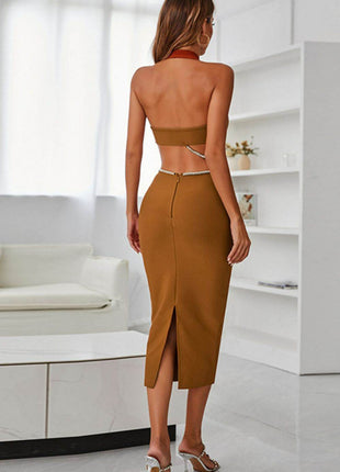 Rhinestone Halter Neck Cutout Slit Midi Dress - MimiStylez