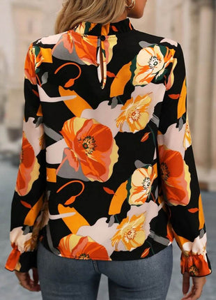 Floral Mock Neck Flounce Sleeve Blouse - MimiStylez
