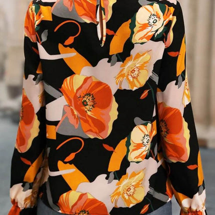 Floral Mock Neck Flounce Sleeve Blouse - MimiStylez