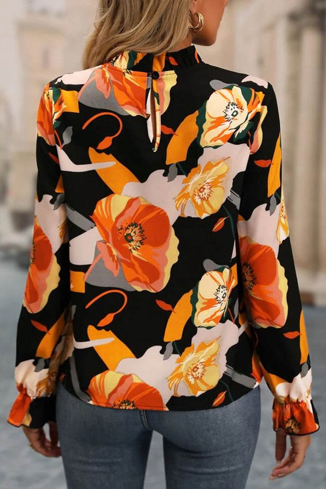 Floral Mock Neck Flounce Sleeve Blouse - MimiStylez