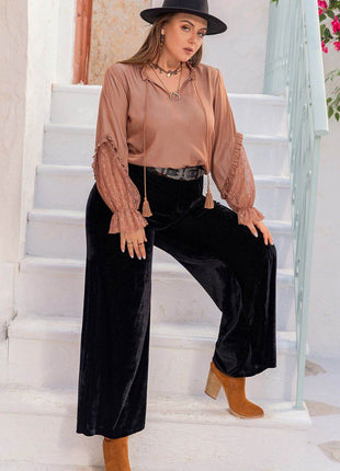 Plus Size Tie Neck Flounce Sleeve Blouse - MimiStylez